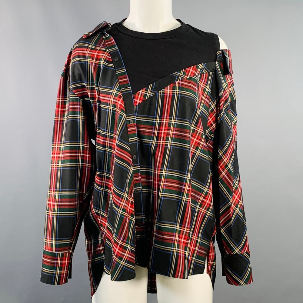 MAJE Size S Black Multi Color Acetate Blend Plaid Asymmetrical Casual Top